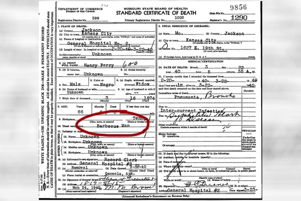 henry perry death certificate kc bbq
